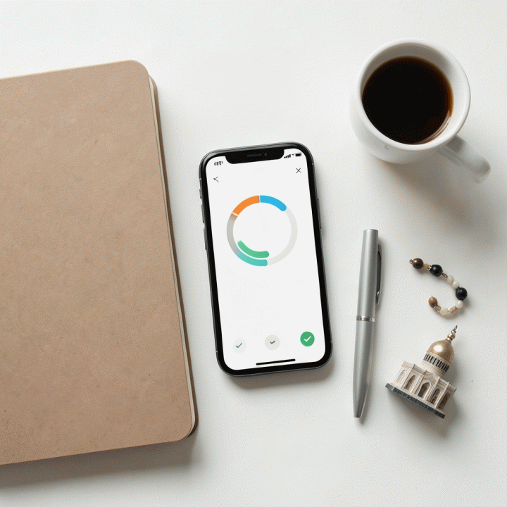 Foto datar (flat lay) meja kerja minimalis yang berisi jurnal, smartphone dengan antarmuka habit tracker, dan perlengkapan ibadah, melambangkan perencanaan ibadah harian.