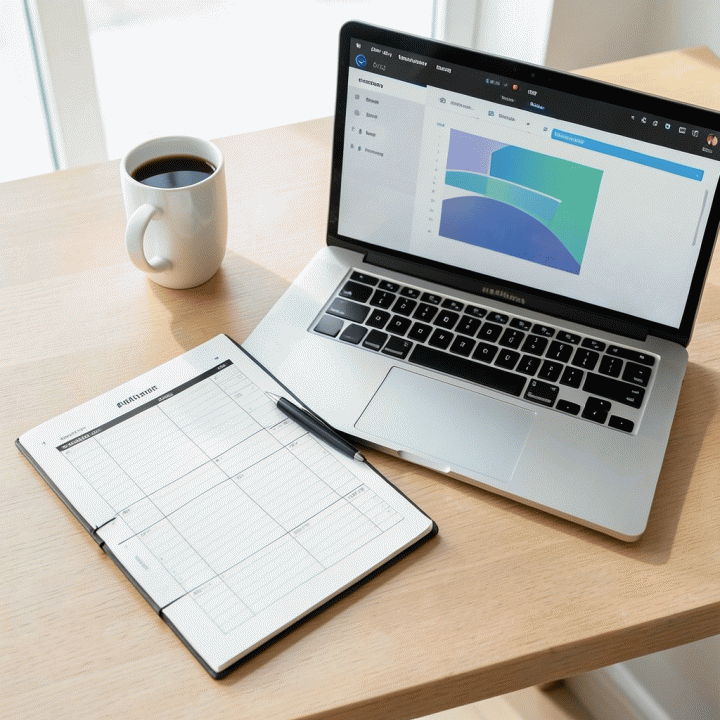 Tampilan datar (flat lay) meja kerja yang terorganisir, menampilkan buku catatan pelacak lamaran, pena, dan laptop dengan antarmuka pelacakan prospek kerja yang abstrak.
