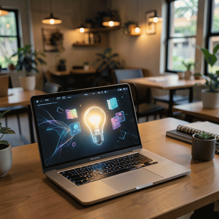 Laptop dengan antarmuka AI abstrak yang mengubah ide mentah menjadi produk digital siap jual, dalam suasana ruang kerja modern Indonesia.