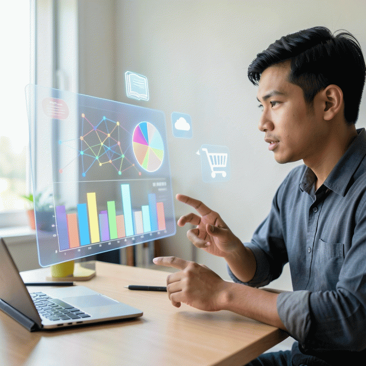 Seorang kreator produk digital berinteraksi dengan antarmuka holografik abstrak yang menampilkan grafik data dan ikon produk digital tanpa teks terbaca.