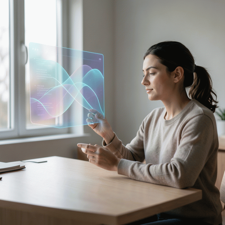 Seseorang yang merenung di meja kerja yang tenang, berinteraksi dengan antarmuka holografik abstrak AI yang menampilkan visualisasi pikiran yang terorganisir.