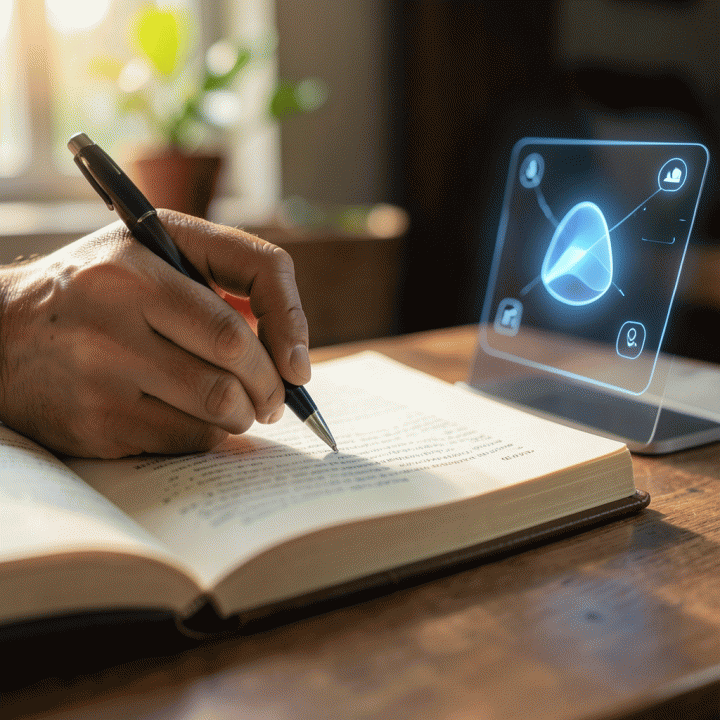 Jurnal fisik dan antarmuka digital abstrak di sampingnya, menunjukkan proses pencatatan pikiran yang aman dan terstruktur.