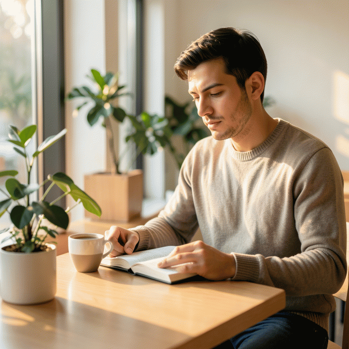 Seorang individu merenung di kafe yang nyaman dengan buku jurnal dan kopi, melambangkan refleksi diri dan menemukan motivasi harian.