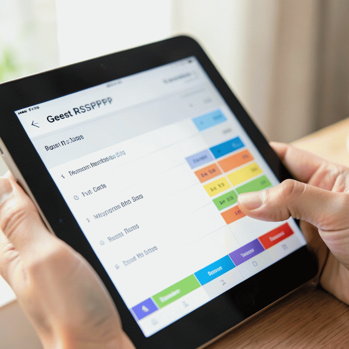 Hand inputting guest RSVP data and budget tracker on a digital tablet for organized wedding planning.