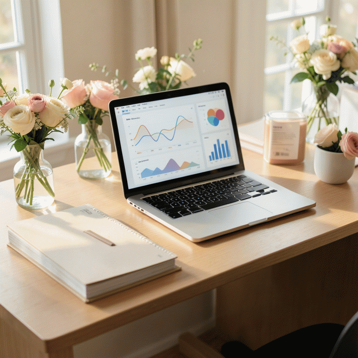Meja kerja perencanaan pernikahan yang rapi dan terorganisir, menunjukkan laptop dengan visualisasi data anggaran dan buku catatan yang tertata, melambangkan kendali atas persiapan pernikahan.
