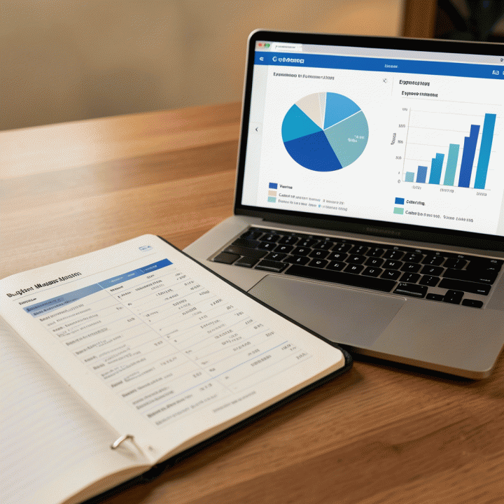 Visualisasi anggaran pernikahan yang terstruktur, memperlihatkan perbandingan antara rencana fisik dan grafik digital di laptop, menyoroti kontrol keuangan.