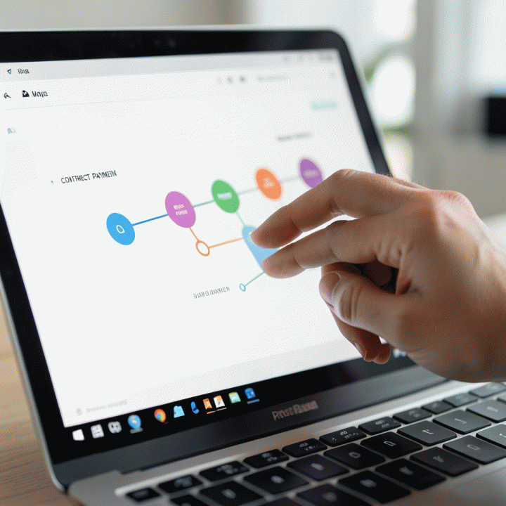 Tangan profesional berinteraksi dengan dashboard digital yang menunjukkan alur operasional proyek dari awal hingga pembayaran.