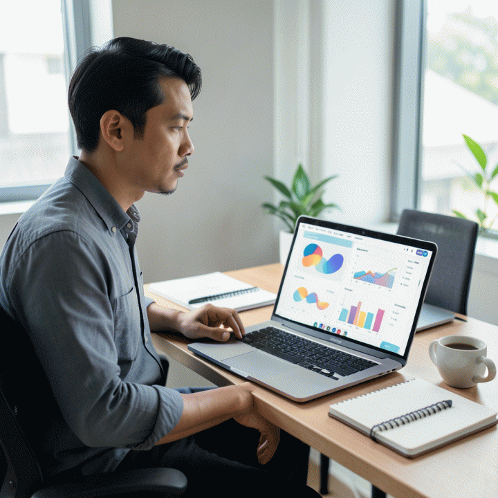 Freelancer profesional bekerja di meja modern dengan laptop menampilkan dashboard visualisasi data keuangan dan operasional yang terstruktur, menunjukkan manajemen bisnis yang terpusat dan rapi.