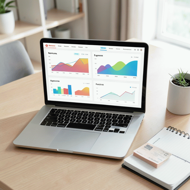 Dashboard keuangan digital yang menampilkan ringkasan pendapatan dan pengeluaran, diletakkan di meja kerja yang rapi bersama alat bantu perencanaan fisik.