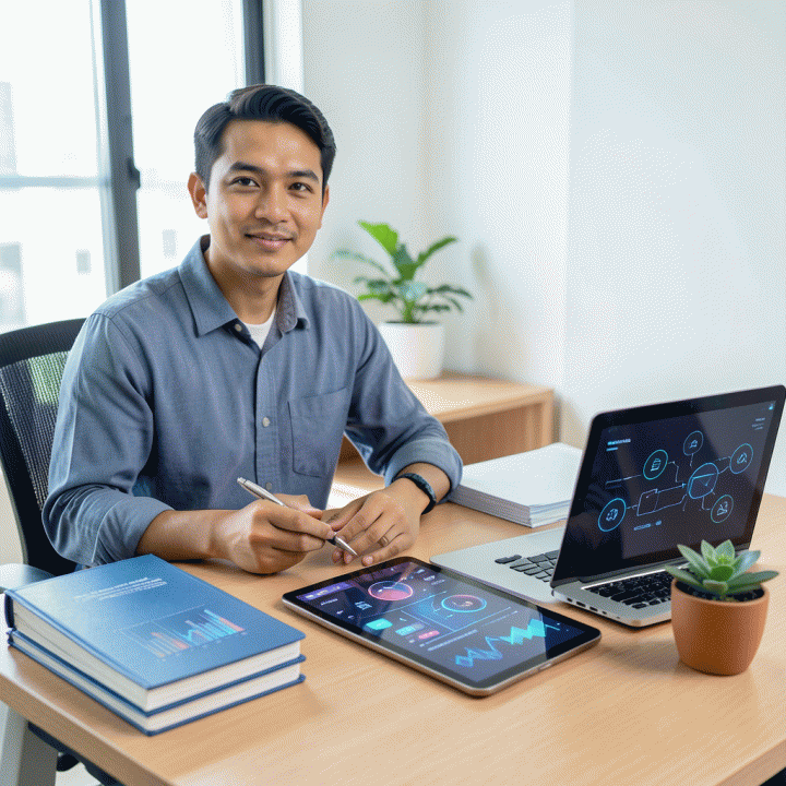 Seorang freelancer profesional Indonesia yang fokus di meja kerja modern, dikelilingi oleh elemen visualisasi data keuangan dan operasional yang terpadu, melambangkan pengelolaan bisnis yang terorganisir.