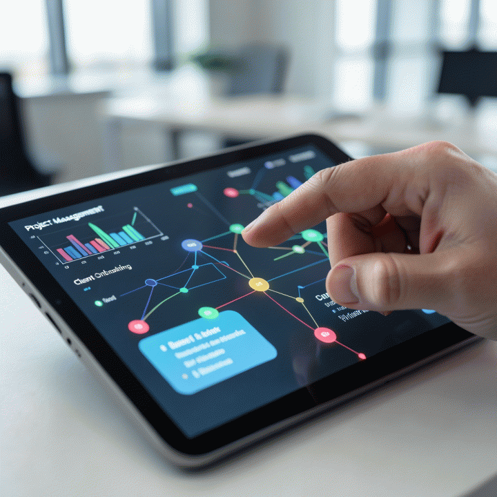 Tangan yang sedang berinteraksi dengan dashboard digital abstrak yang menunjukkan alur proyek dan klien yang terorganisir.