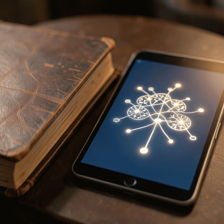 Perbandingan antara album foto antik dan tablet digital yang menampilkan silsilah keluarga, melambangkan penggabungan kenangan fisik dan digital.