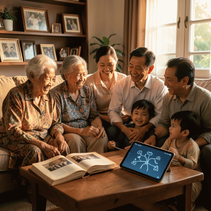 Keluarga multi-generasi Indonesia yang hangat dan bahagia berkumpul, dikelilingi oleh elemen kenangan digital dan fisik, menggambarkan pentingnya silsilah keluarga.