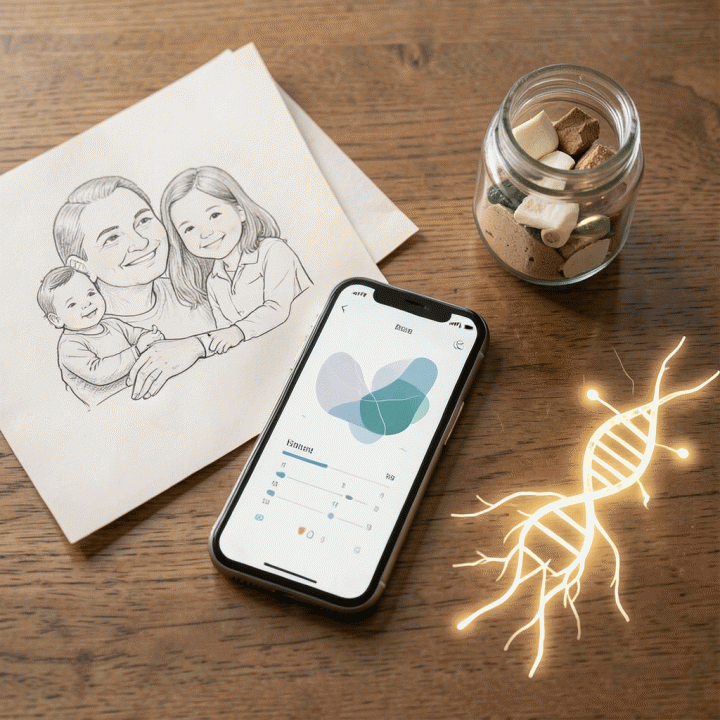 Komposisi flat lay yang berisi elemen perencanaan acara keluarga, sketsa silsilah, dan simbol warisan digital.