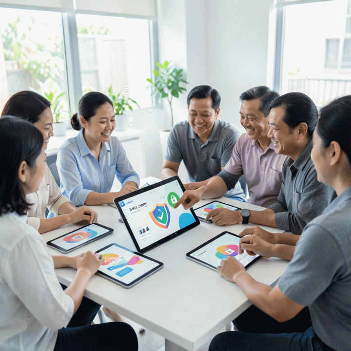 Sekelompok orang tua dan guru Indonesia yang berkolaborasi di meja kerja modern, membahas dan merancang materi pembelajaran anak yang aman dan patuh hukum menggunakan teknologi digital.