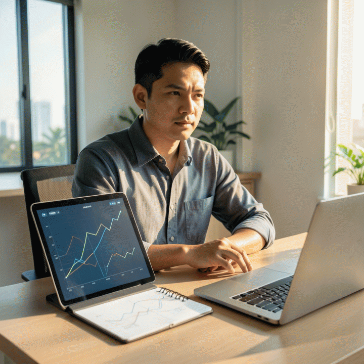 Freelancer profesional Indonesia bekerja di meja kerja yang rapi, fokus pada tablet yang menampilkan visualisasi data keuangan dan operasional yang terintegrasi, melambangkan manajemen bisnis yang terpusat dan efisien.