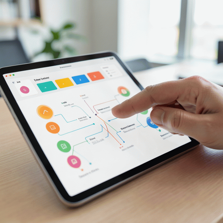 Tangan berinteraksi dengan dashboard digital yang menampilkan visualisasi data operasional dan keuangan yang terintegrasi, melambangkan pusat kendali bisnis yang rapi.