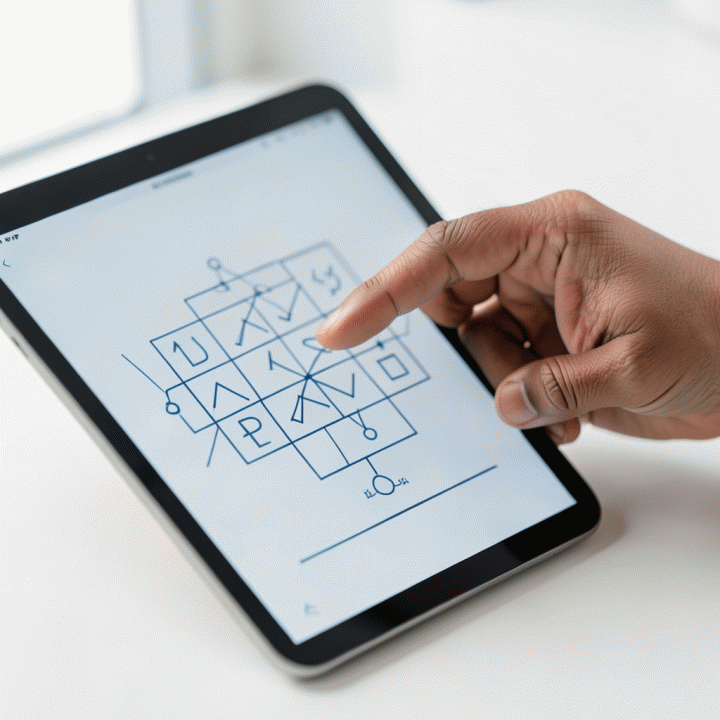 Tangan yang sedang menyelesaikan puzzle logika di layar tablet, melambangkan asesmen kemampuan kognitif.