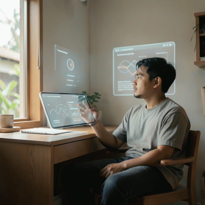 Seseorang yang sedang merenung dan menulis jurnal digital di lingkungan yang tenang, melambangkan penangkapan pikiran dan refleksi diri secara konsisten.