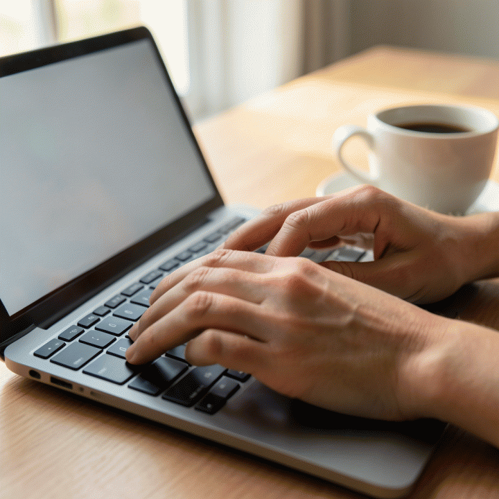 Tangan sedang mengetik jurnal di laptop, menunjukkan proses pencatatan pikiran yang konsisten.