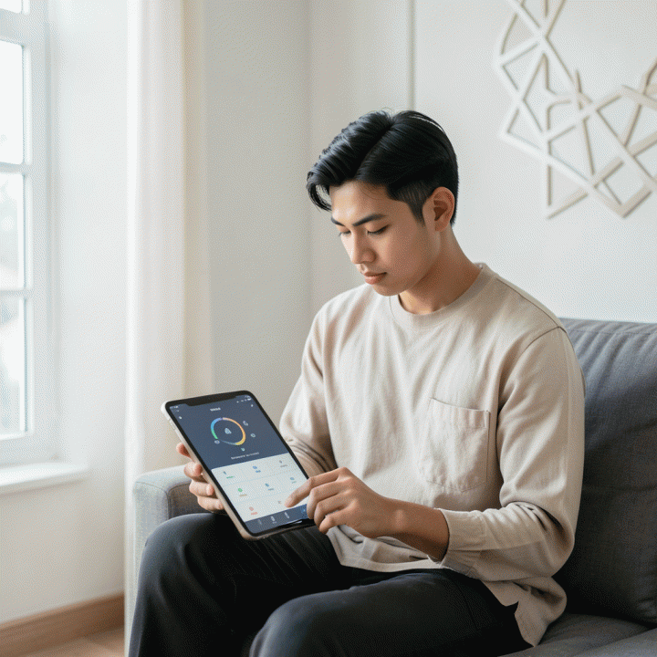 Seorang milenial Indonesia yang sedang fokus menggunakan sistem pelacak kebiasaan digital di rumah, melambangkan upaya menjaga konsistensi ibadah harian dengan suasana tenang dan modern.