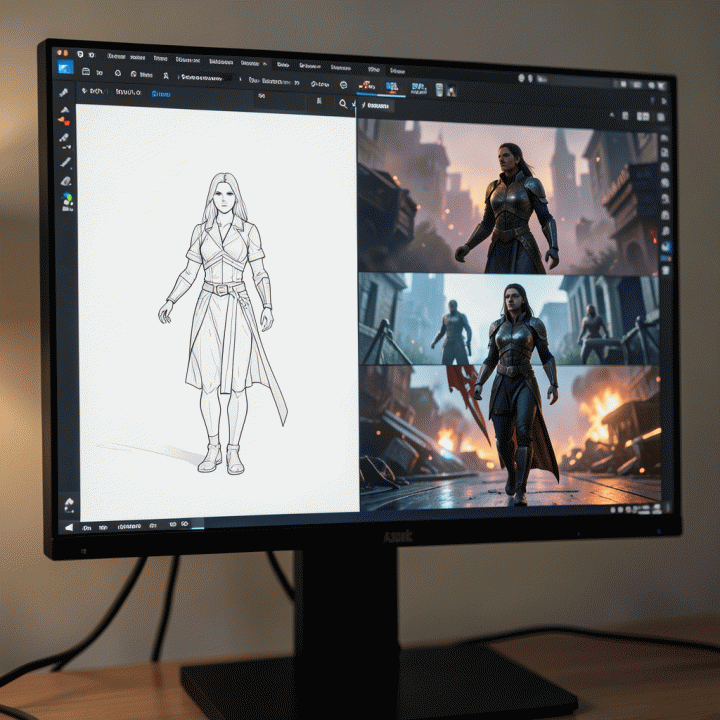 Tampilan digital workflow yang menunjukkan konsistensi karakter yang sama di berbagai adegan video yang berbeda, menyoroti proses menjaga kontinuitas visual.