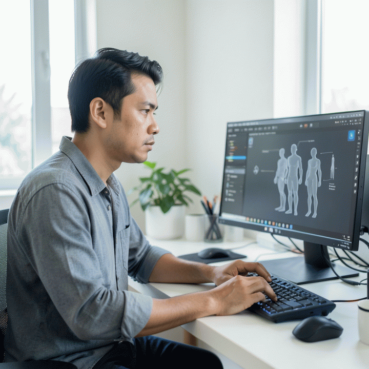 Seorang content creator profesional sedang bekerja di meja modern, berfokus pada menjaga konsistensi visual karakter dalam produksi video AI, menunjukkan proses kreatif yang teratur dan profesional.