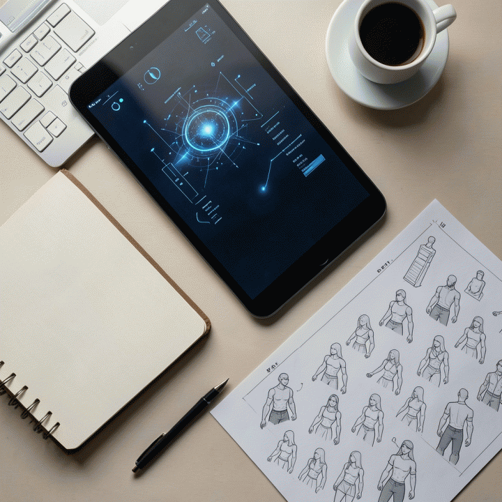 Tampilan atas (flat lay) yang menunjukkan aset digital dan alat bantu seorang content creator yang merencanakan dan menjaga konsistensi karakter untuk proyek AI video.