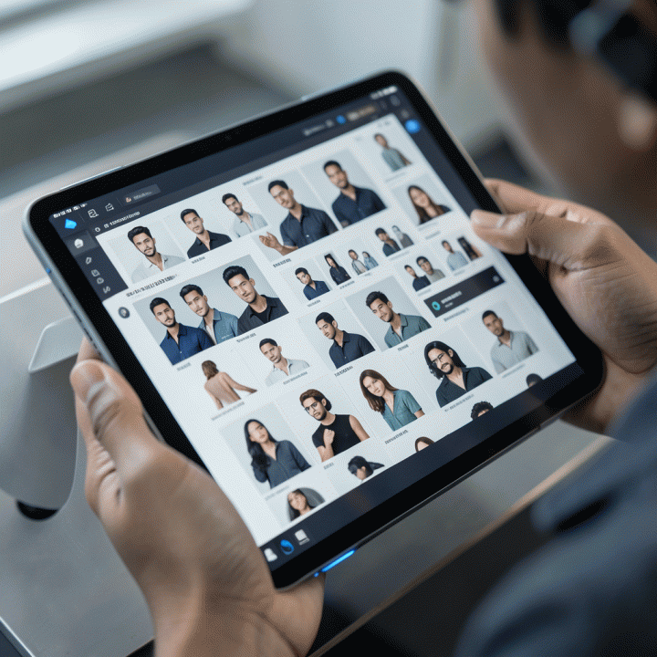 Tangan seorang content creator menggunakan tablet futuristik yang menampilkan <em>mood board</em> dan referensi visual karakter yang konsisten, menekankan alur kerja teknis dalam pembuatan aset AI.