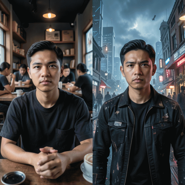 Perbandingan visual karakter pria Indonesia yang sama di dua adegan berbeda (kafe vs. sci-fi) dengan konsistensi penampilan yang sempurna, menunjukkan keberhasilan teknik menjaga karakter di AI.