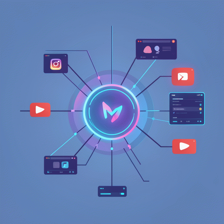Representasi grafis abstrak dari berbagai platform digital yang terhubung secara harmonis, menunjukkan konsistensi identitas merek di semua saluran.
