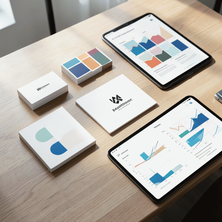 Komposisi flat lay profesional yang menampilkan elemen branding yang konsisten, seperti palet warna, logo minimalis, dan panduan visual di atas meja kayu modern, melambangkan konsistensi merek digital.