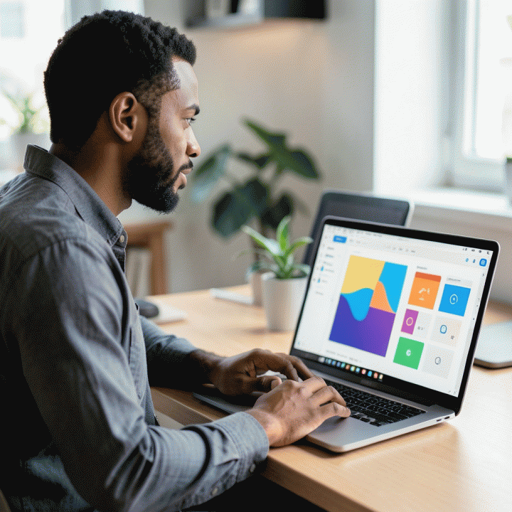 Seorang content creator sedang menggunakan alat AI di laptop, menampilkan antarmuka visual abstrak yang membantu menjaga konsistensi merek secara otomatis.