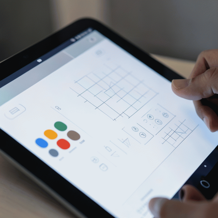 Tangan yang berinteraksi dengan antarmuka tablet AI yang menampilkan elemen branding visual yang konsisten dan harmonis, menunjukkan kemudahan dalam menjaga konsistensi merek.