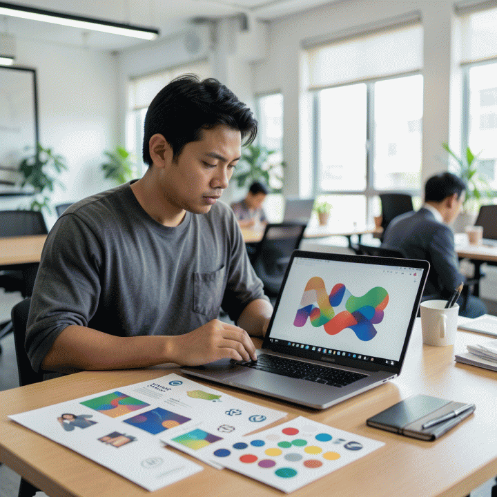 Seorang content creator Indonesia yang fokus bekerja dengan laptop, dikelilingi oleh visual branding yang konsisten dan terorganisir, melambangkan kemudahan menjaga konsistensi merek dengan bantuan AI.