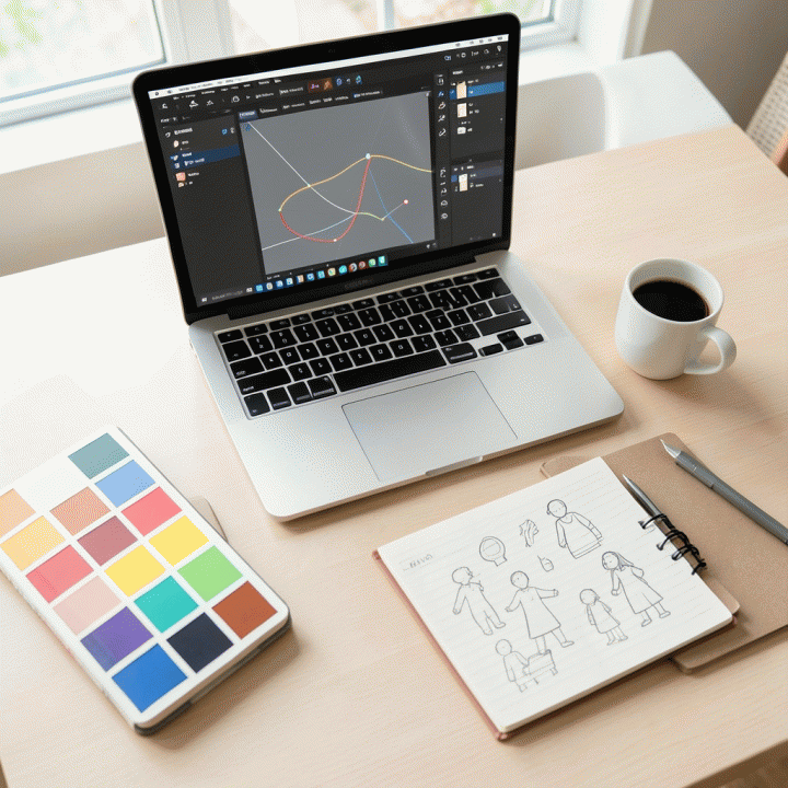 Tampilan flat lay meja kerja content creator yang menunjukkan berbagai alat bantu desain (palet warna, buku sketsa, laptop) yang terorganisir, melambangkan proses branding yang konsisten dan profesional.