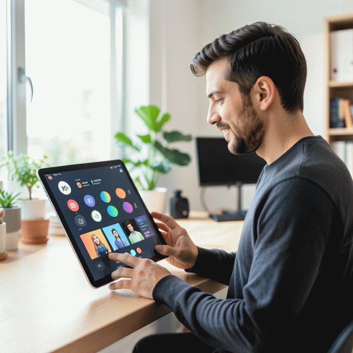 Seorang content creator profesional bekerja di studio rumah modern, berinteraksi dengan tablet yang menampilkan aset visual merek yang sangat konsisten dan seragam, menunjukkan penggunaan AI untuk menjaga identitas visual merek secara utuh.