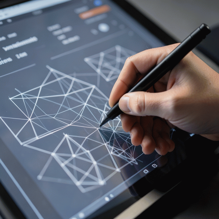 Pandangan dekat tangan menggunakan stylus pada tablet, menunjukkan aliran desain visual yang mulus dan berkelanjutan untuk menjaga konsistensi merek.