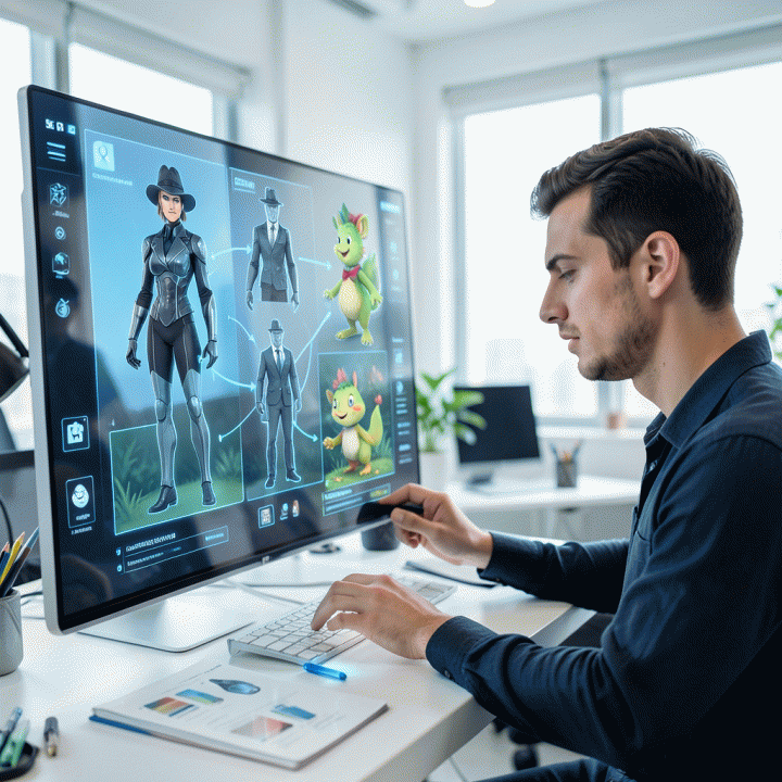 Ilustrasi fotorealistik seorang desainer digital yang bekerja dengan antarmuka AI holografik untuk memastikan konsistensi karakter visual dalam proyek konten.