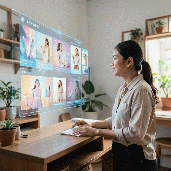 Seorang pemilik UMKM Indonesia yang tersenyum melihat layar holografik futuristik yang menampilkan berbagai variasi konten iklan digital berkualitas tinggi secara otomatis.