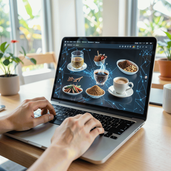 Tangan yang menggunakan laptop untuk menghasilkan variasi iklan produk secara massal menggunakan teknologi AI.
