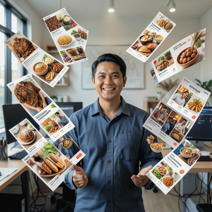 Seorang pelaku UMKM Indonesia yang sukses dan percaya diri dikelilingi oleh berbagai variasi mock-up iklan digital yang menarik dan profesional, menunjukkan solusi pemasaran massal dengan AI.