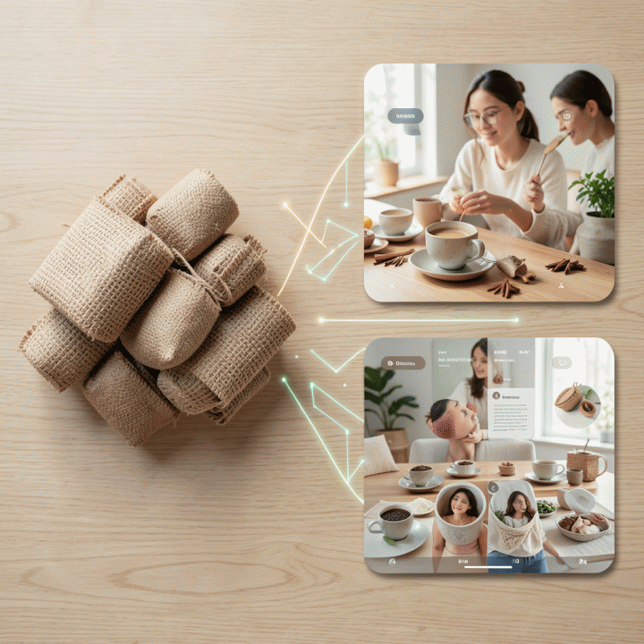 Perbandingan produk fisik mentah dengan variasi mock-up iklan digital yang sangat menarik yang dihasilkan oleh AI.
