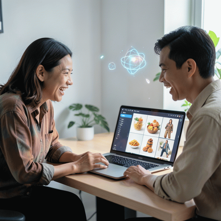Seorang pemilik UMKM Indonesia bekerja dengan antusias di meja modern, melihat berbagai variasi konten iklan produk berkualitas tinggi yang dihasilkan oleh antarmuka AI di layar laptop.