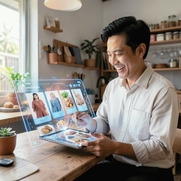 Seorang pemilik UMKM Indonesia yang antusias menggunakan tablet dengan antarmuka AI futuristik untuk menghasilkan berbagai variasi konten iklan digital produk secara massal.