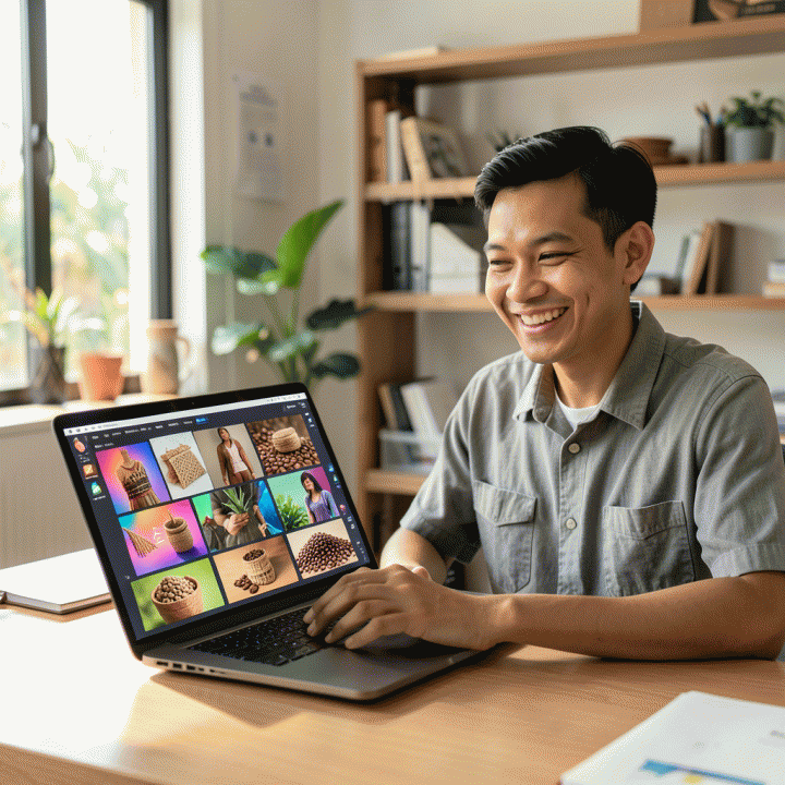 Seorang pemilik UMKM yang tersenyum percaya diri menggunakan laptop di ruang kerja modern, menunjukkan antarmuka AI yang menghasilkan variasi konten iklan digital produk secara massal.