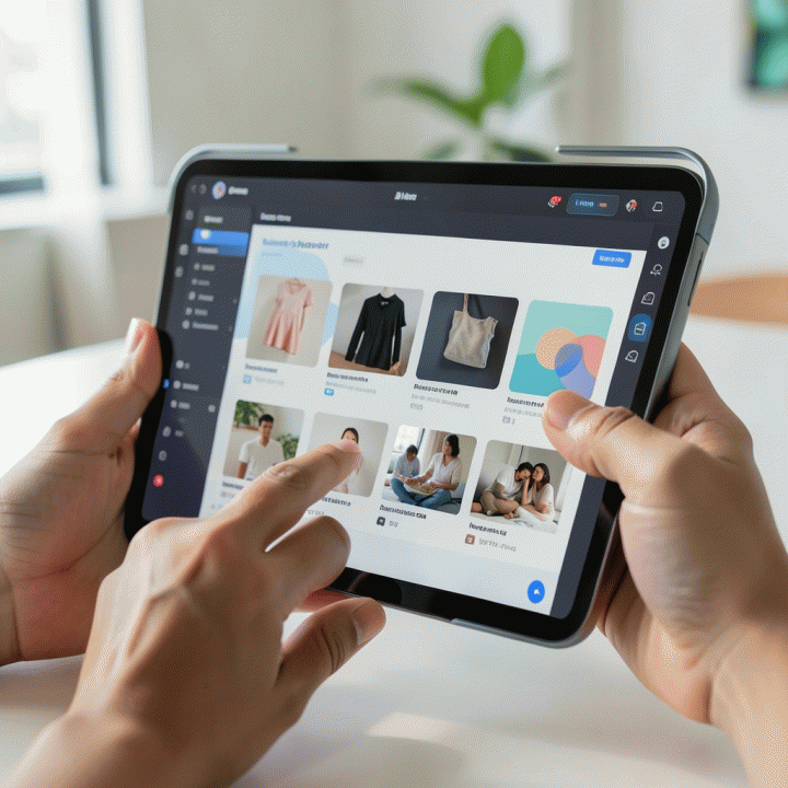 Tangan seseorang menggunakan tablet AI untuk menghasilkan variasi layout konten iklan digital yang mudah dan cepat.