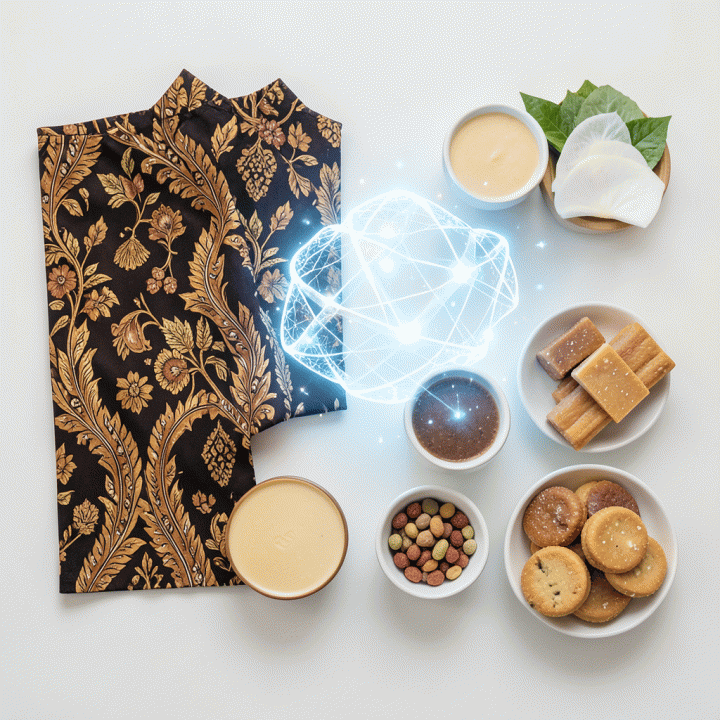 Komposisi flat lay produk UMKM Indonesia yang dikelilingi oleh elemen digital AI, melambangkan transformasi konten iklan.