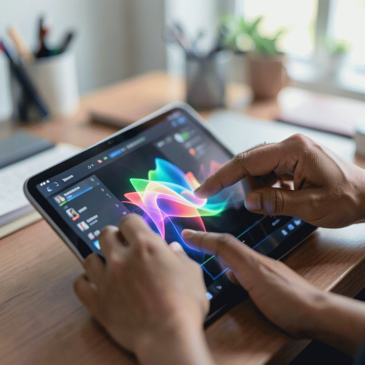 Tangan seseorang berinteraksi dengan tablet yang menampilkan antarmuka desain AI yang abstrak, melambangkan kemudahan membuat konten tanpa keahlian desain.