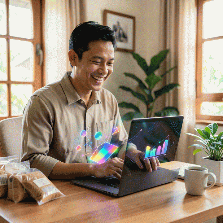 Seorang pemilik UMKM Indonesia menggunakan laptop modern dengan antarmuka AI yang abstrak dan penuh warna, menunjukkan kemudahan membuat desain iklan digital yang profesional.